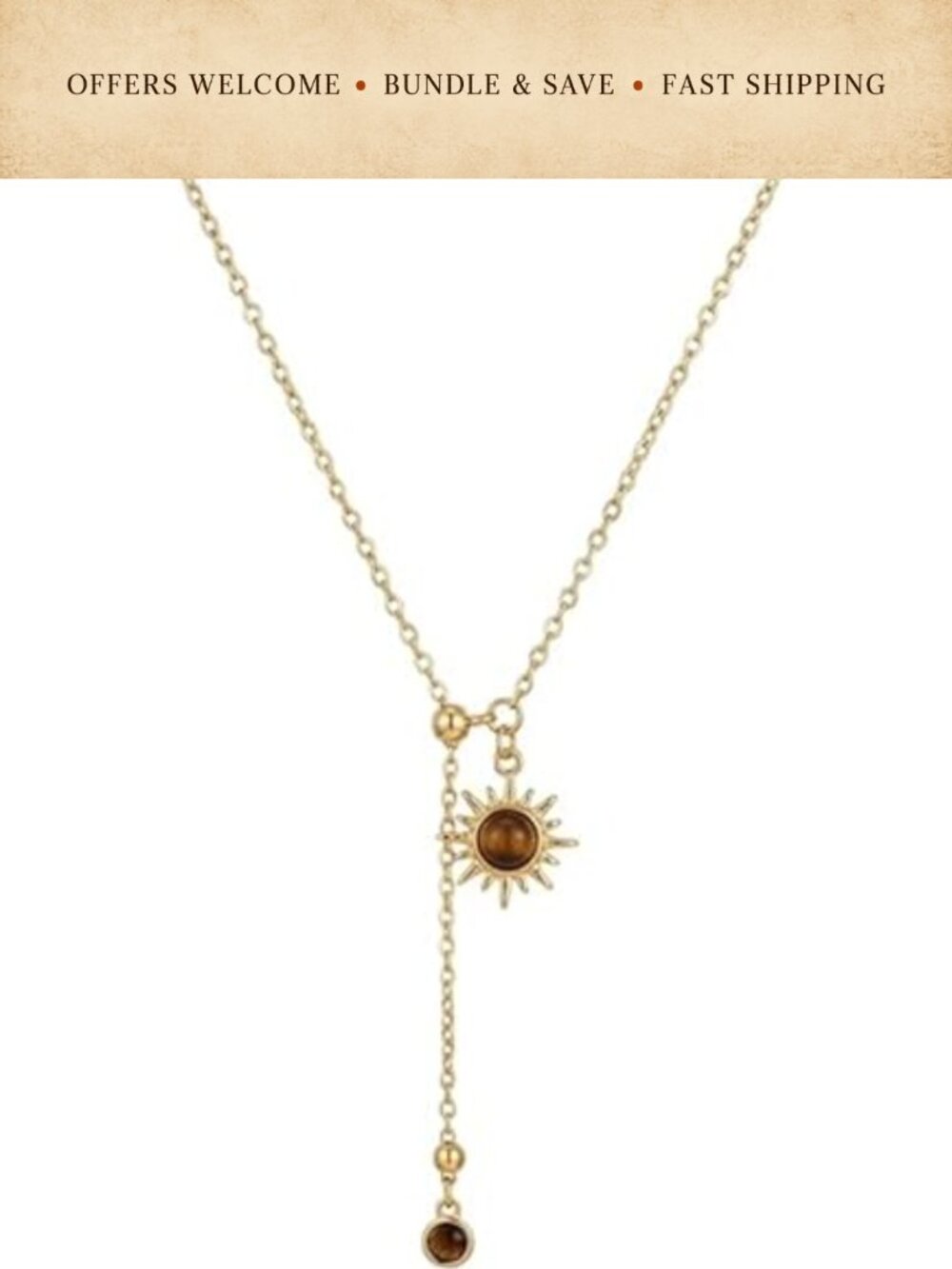14K Gold Plated Tiger Eye Sun Pendant Y Lariat Necklace